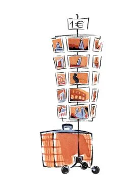 Postcard rack and suitcase Illustrazione stock