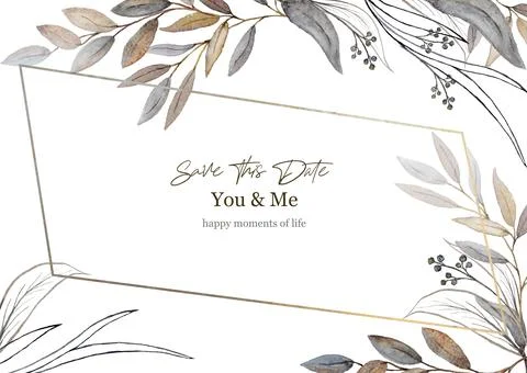 Postcard Save This Date of brown autumn twigs with leaves wedding holiday two Stock Illustration