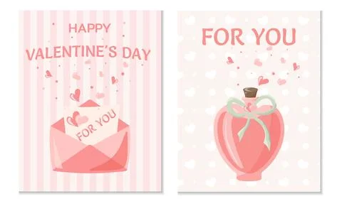 Postcard Set. Cartoon style vector illustration. Trendy modern Valentine's Day Stock Illustration