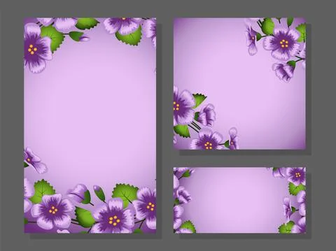 A postcard set of cute purple flowers Stock Illustration