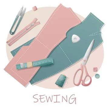 Postcard with sewing tools. Sewing, hobby, needlework. Illustration with a pa Stock Illustration