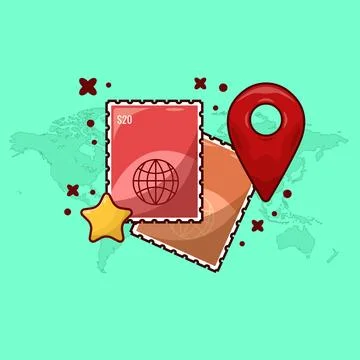 Postcard Stamp with Pin Map Mark Vector Illustration in Cartoon Style with .. Stock Illustration