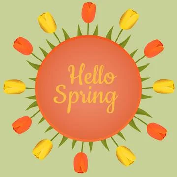 Postcard with tulips. Hello spring. Stock Photos
