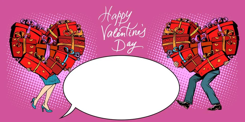 Postcard for Valentines day man and woman gifts red heart Stock Illustration