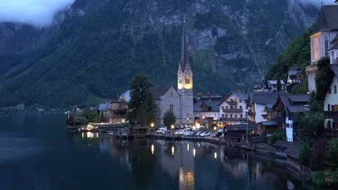 Postcard View Of Hallstatt At Dusk In Austria, Europe Stock Footage
