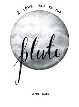 Postcard with watercolour illustrations planet Pluto and Handwritten inscription Stock Illustration