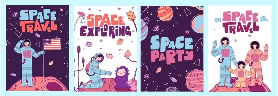 Postcards posters space, people on mars, space travel. Fantastic hand drawn Stock Illustration