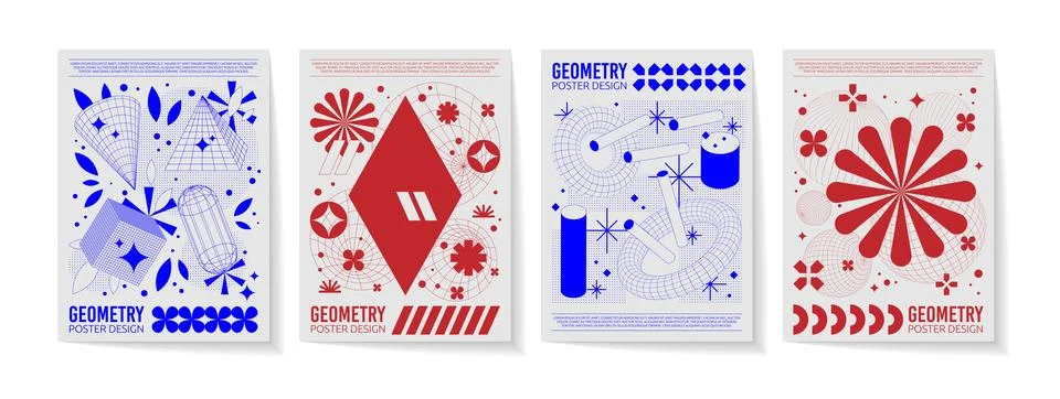 Poster 3d shape. Space retro element, pattern design, grid abstract, figure y2k Stock Illustration