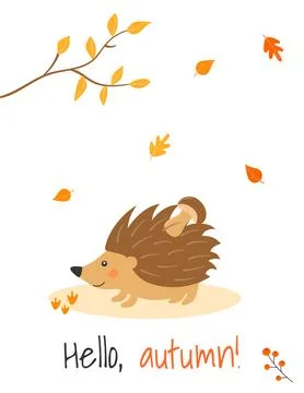 Poster in A4 format with a cute hedgehog, mushroom and autumn leaves in car.. Illustrazione stock