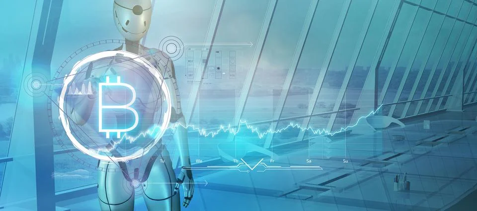 A poster about digitalization of bitcoin and cryptocurrency. 3D render Stock Illustration