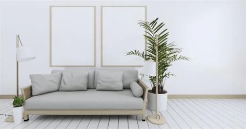 Poster above white sofa with frame in simple zen living room interior.3D Rend Stock-Illustration