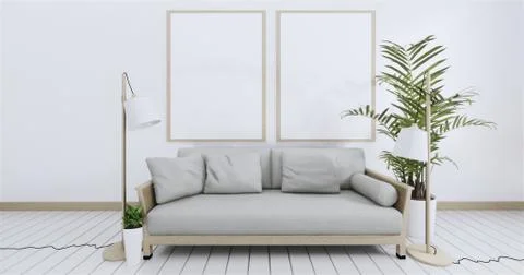 Poster above white sofa with frame in simple zen living room interior.3D Rend Stock-Illustration