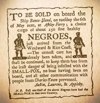 Poster advertising the sale of Negro slaves recently arrived from Africa and Stock Photos