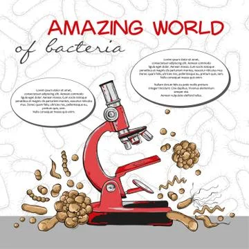 Poster of amazing world of bacteria with microscope on seamless pattern Stockillustratie