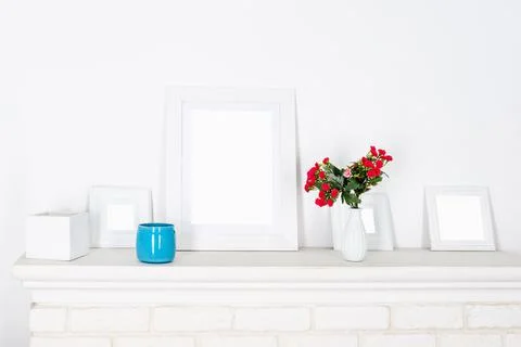 Poster and square frames mockup with decor elements, flowers and blank copy s Stockfoto's