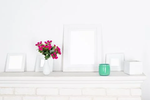 Poster and square frames mockup with decor elements, flowers and blank copy s Stockfoto's
