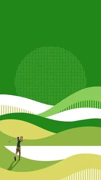 Poster. Artwork. Golfer in mid-swing surrounded by layered hill waves and dotted Stock Photos