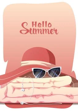 Poster with beach hat and summer accessories. Summer time, hello summer. Su.. Stock Illustration