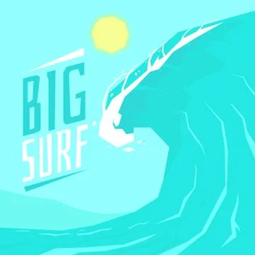 Poster big surf with big wave and the sun. Vector illustration in cartoon sty Stock Illustration
