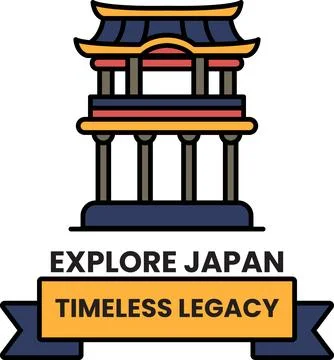 A poster of a building with the words Explore Japan and Timeless Legacy Ilustración de archivo