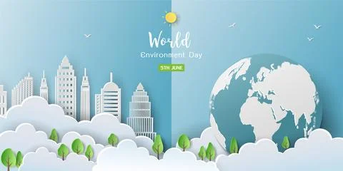 Poster campaign of world environment day,Background with eco city and globe.. 库存插图