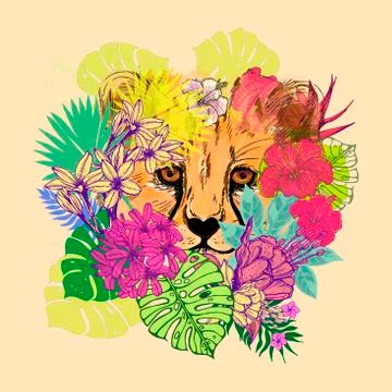 Poster / card / composition of hand drawn sketch style cheetah with tropical  Stock Illustration
