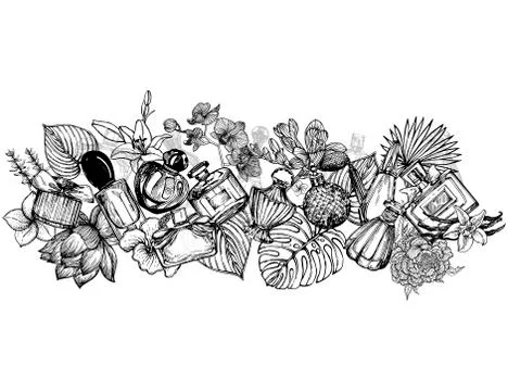 Poster / card / composition of hand drawn sketch style bottles of perfume and Stock Illustration