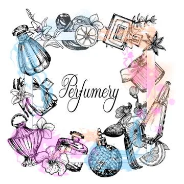 Poster / card / composition of hand drawn sketch style colored bottles of per Stock Illustration