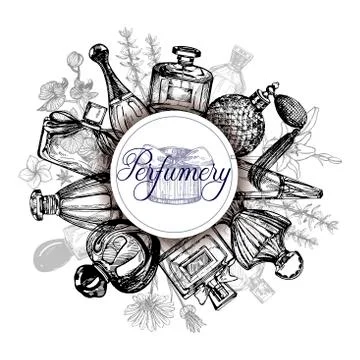 Poster / card / composition of hand drawn sketch style bottles of perfume and pl Stock Illustration
