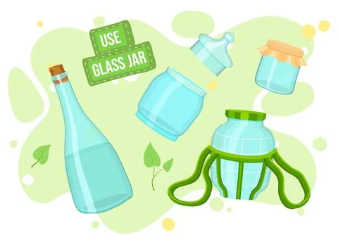 Poster in cartoon style with text use glass jar, less plastic, set of jars 스톡 일러스트
