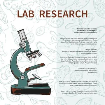 Poster of cientific laboratory with microscope on seamless pattern Stockillustratie