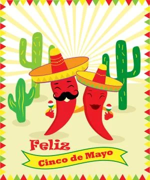 Poster for Cinco de Mayo with two chilli peppers, guitar, sombrero and cacti Stock Illustration