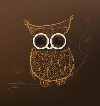 Poster with a coffee cup. Vector,Owl coffee concept. Stock Illustration