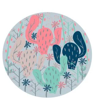 Poster coloured postcard dancing trees and surrounded by flowers Stock Illustration