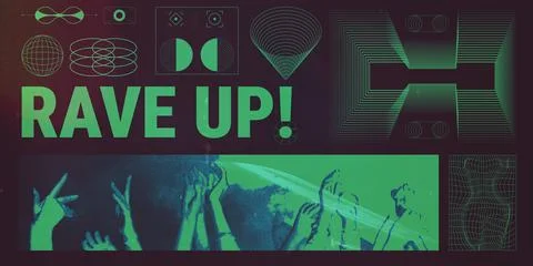 Poster. Composite image. Green typography and silhouettes of hands reaching up Stock Photos