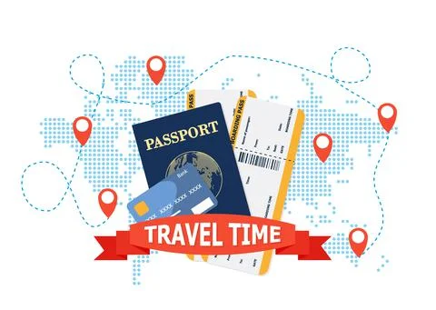 Poster Concept of Tourism Front View with Red 3D Bag and Realistic Item Eleme Stock Illustration