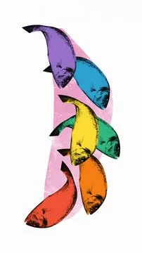 Poster. Contemporary art collage. Array of colorful fish swimming together in Stock Photos