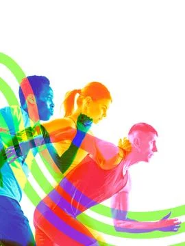 Poster. Contemporary art collage. Close-up side view of three layered runners Stock Photos