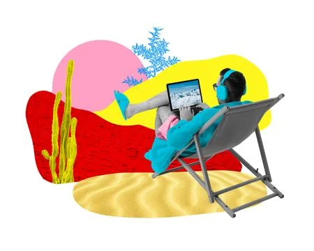 Poster. Contemporary art collage. Freelancer sitting in desert and studying Stock Illustration