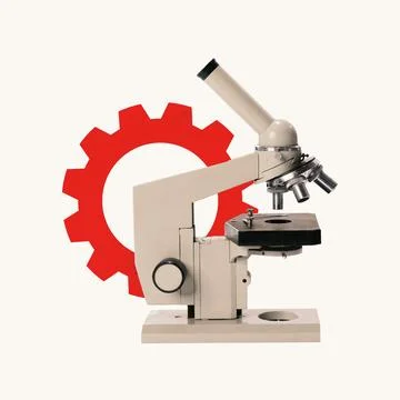 Poster. Contemporary art collage. Microscope with red gear on background Stock Photos