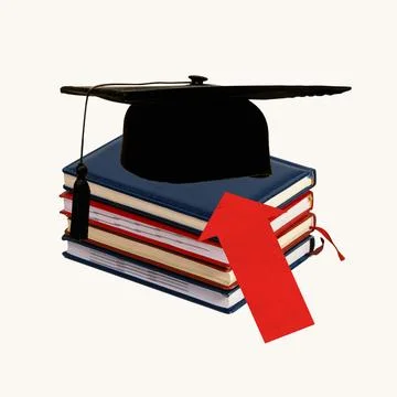 Poster. Contemporary art collage. Stack of books with graduation cap on top Stock Photos