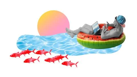 Poster. Contemporary art collage. Work-life balance through remote work Stock Illustration