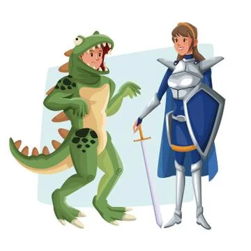 Poster with couple lizard man and warrior princess costume halloween Ilustração Stock
