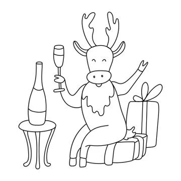 Poster with a cute cheerful deer drinking champagne doodle. Stock Illustration