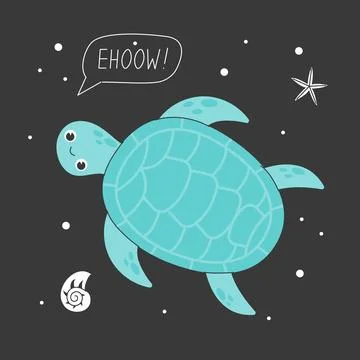 Poster with cute sea turtle and seashells. Stock Illustration