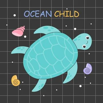 Poster with cute turtle and seashells. Stock Illustration