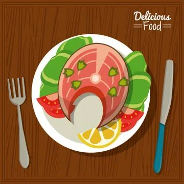 Poster delicious food in kitchen table background and cutlery with dish of fish Illustrazione stock