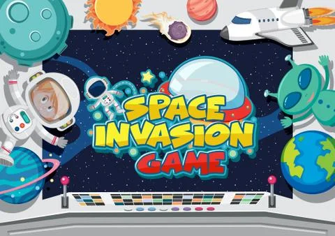 Poster design with alien and astronaut in control room Stock Illustration