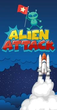 Poster design with alien and spaceship in dark space background 스톡 일러스트