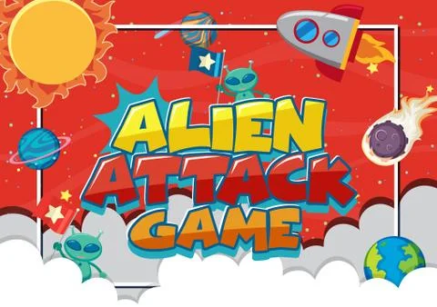 Poster design with alien attack game with spaceship and many planets Stock Illustration